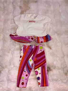 Emilio Pucci White Top with Pink, Red & Orange Swirl Leggings